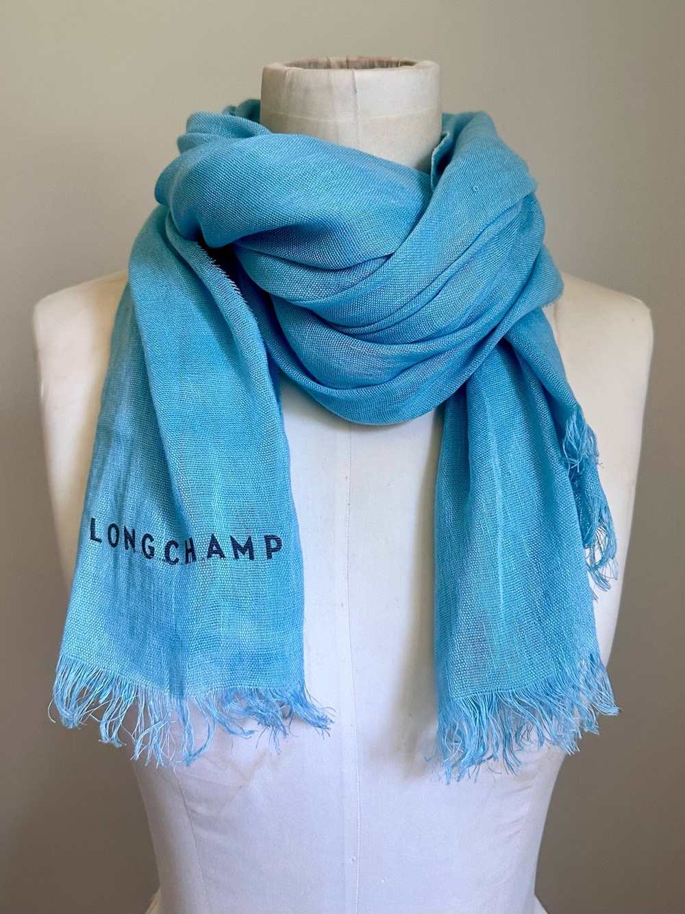 Longchamp Linen Silk Blend Light Blue Scarf Shawl - Summer Nautical Fringe